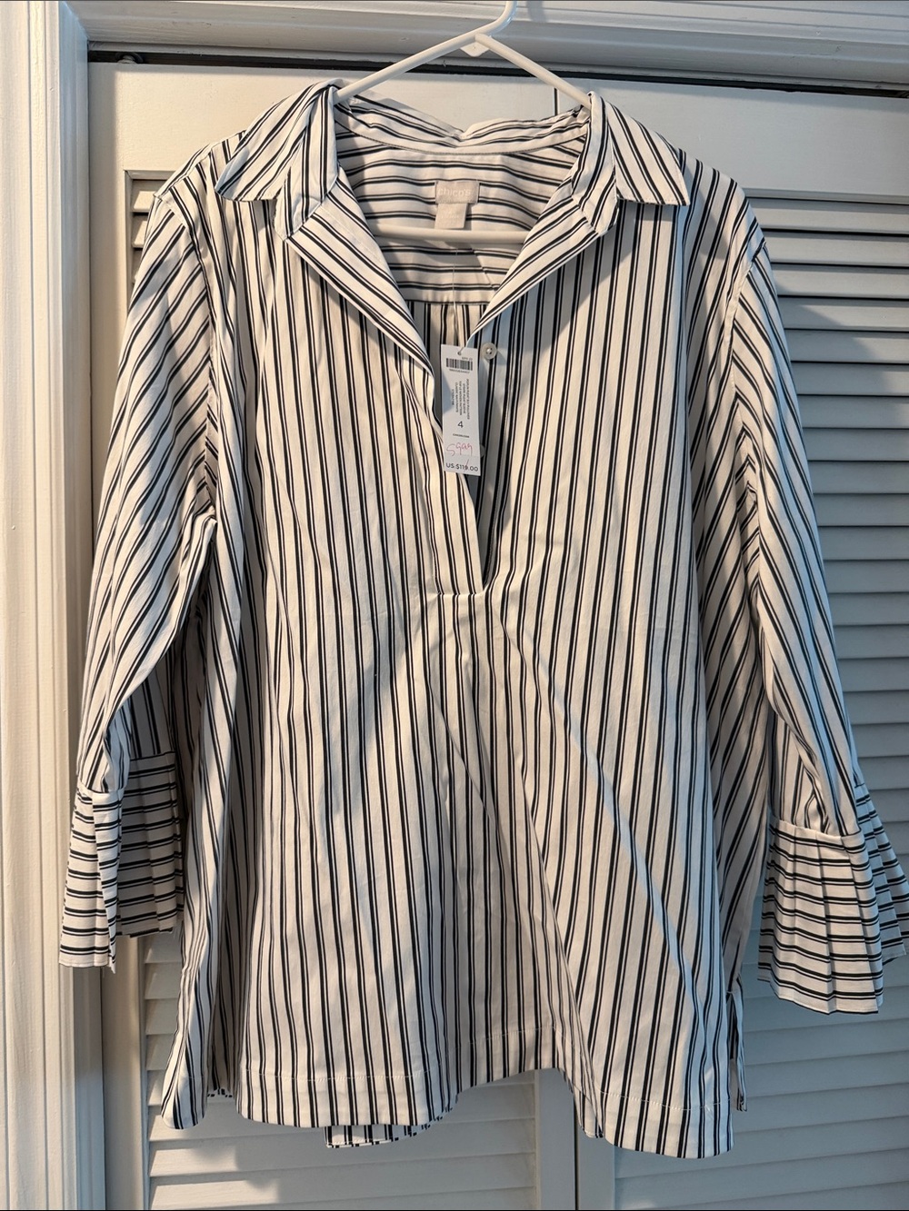 Chico's Black and White Vertical Stripe Button-Down Blouse